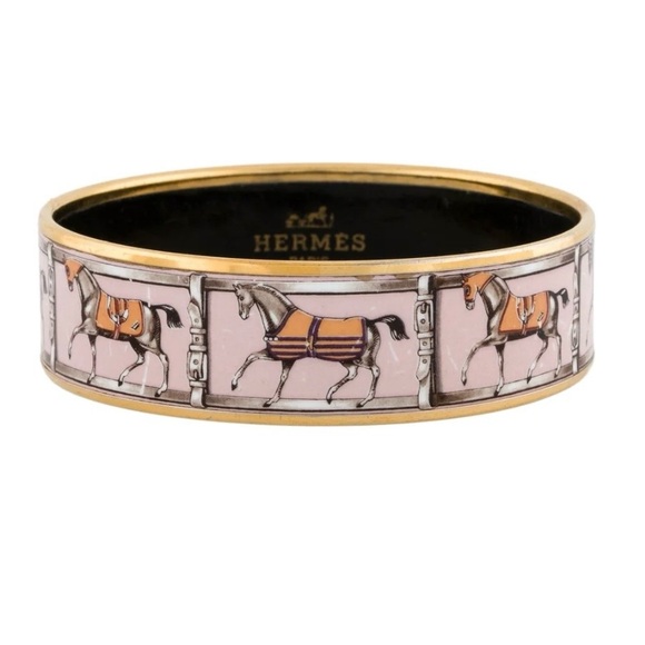 Authentic Hermès Wide Enamel Bracelet. Grand Apparat equestrian motifs. Pink. - Picture 4 of 9